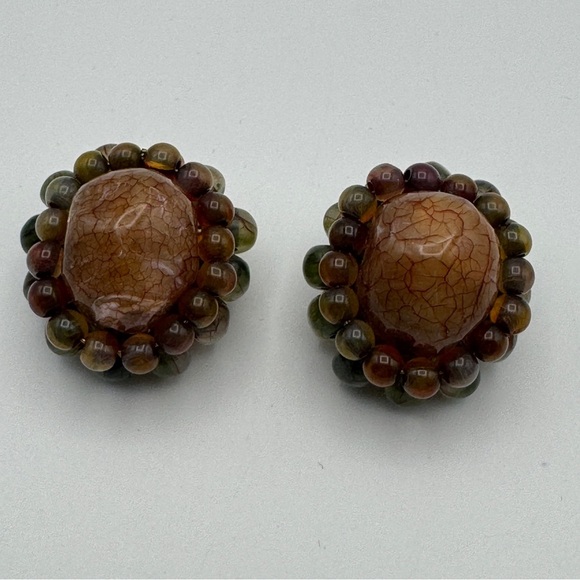 Vintage LCI Clip-On Earrings Crackle Resin Beaded Border 1” - Picture 1 of 5